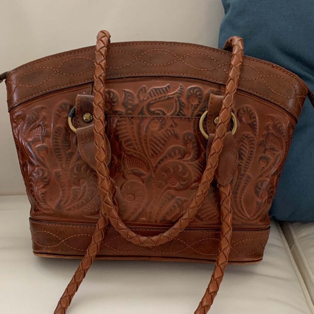 Patricia Nash Brown Tooled Leather Tote Bag with Braided Handles